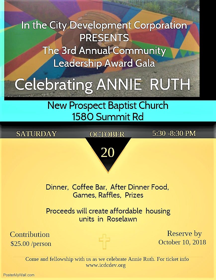 ICDC Community Leadership Award Gala celebrating Annie Ruth on October 20th 2018 at 530 pm