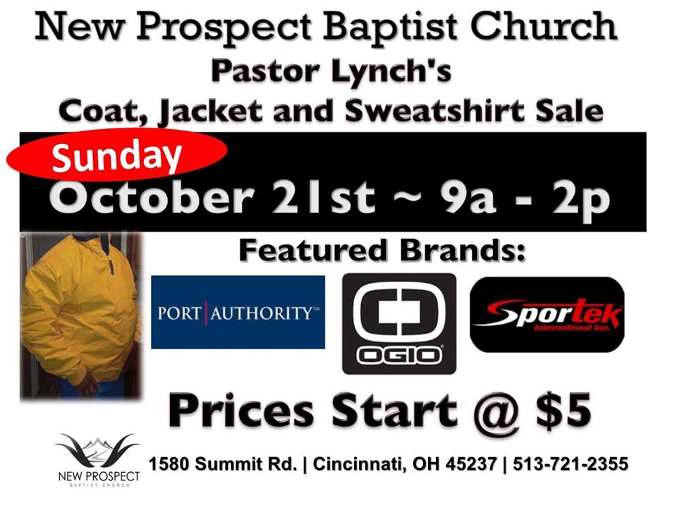 Pastor Lynch's Coat Jacket & Sweatshirt Sale on Sunday October 21st 9 am - 2 pm