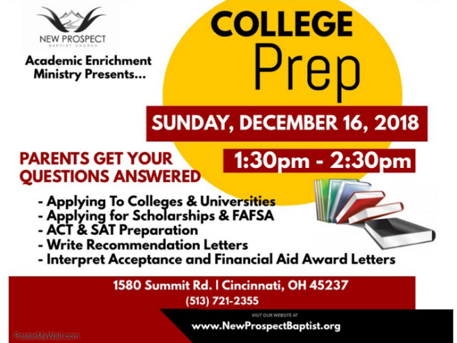 College Prep Workshop at New Prospect on Sunday December 16th 1:30 - 2:30