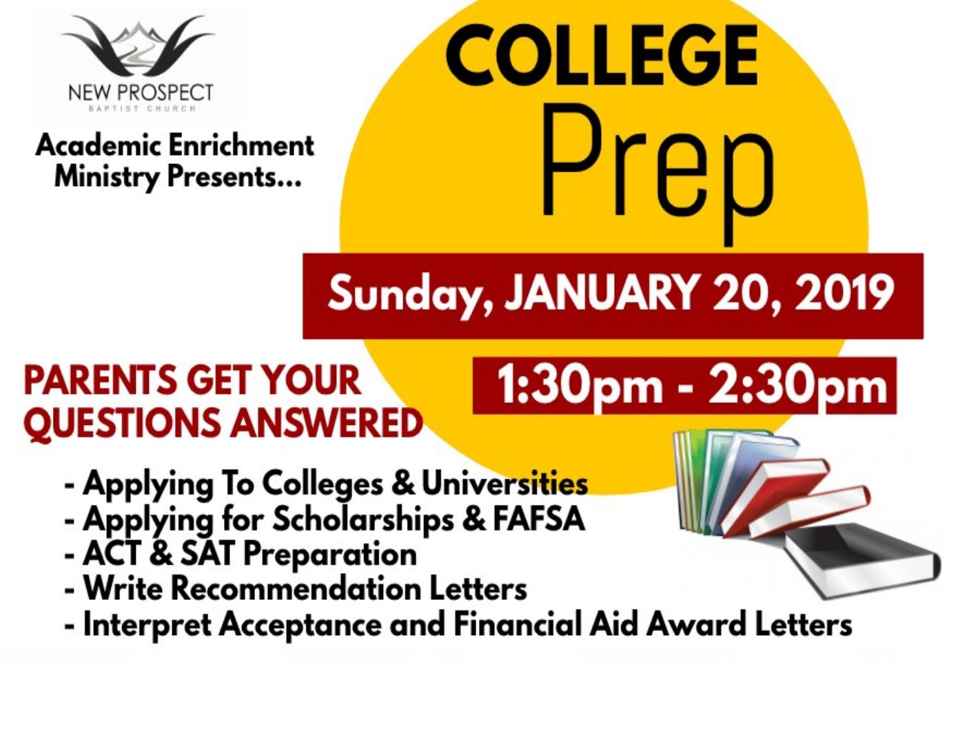 New Prospect College Prep Workshop on Sunday January 20th 1:30 - 2:30 p.m.