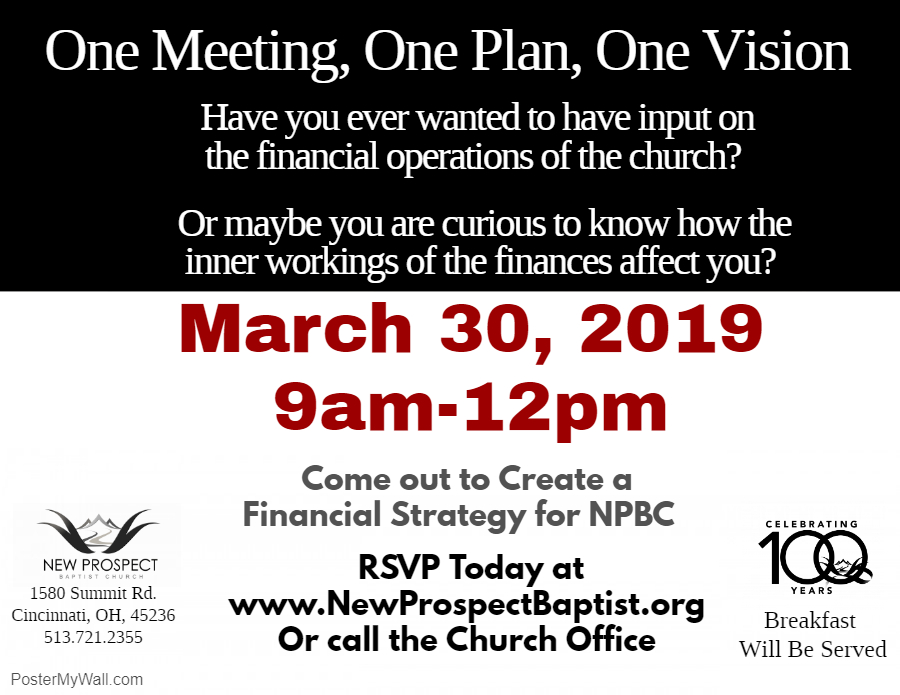 New Prospect Baptist Church Financial Strategy Planning on Saturday March 30 2019 9 a.m. - 12 p.m.