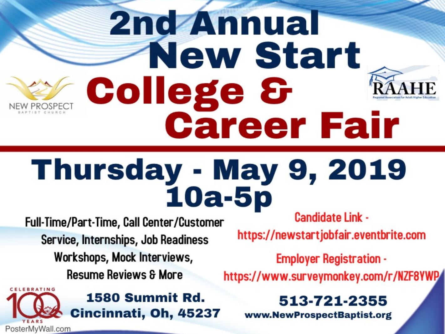 2nd Annual New Start College & Career Fair on Thursday May 9 2019 10 am - 5 pm at New Prospect