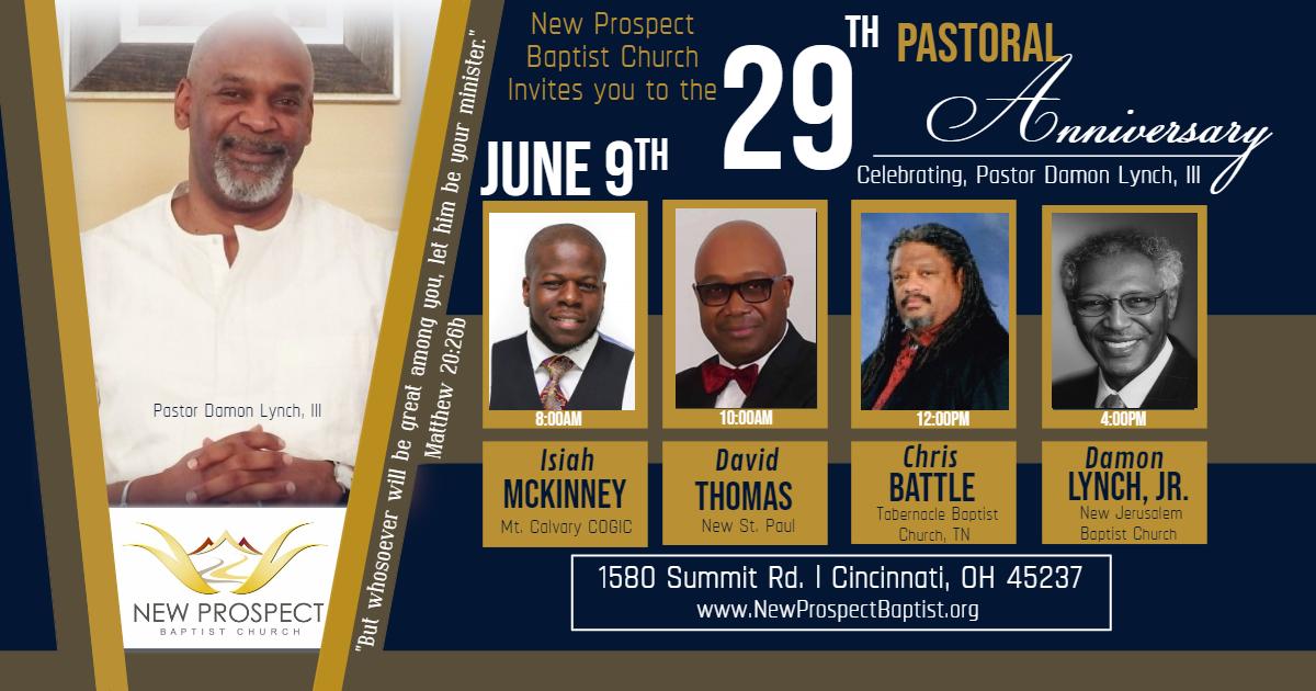 Pastor Damon Lynch III 29th Anniversary Celebration on Sunday June 9th at New Prospect