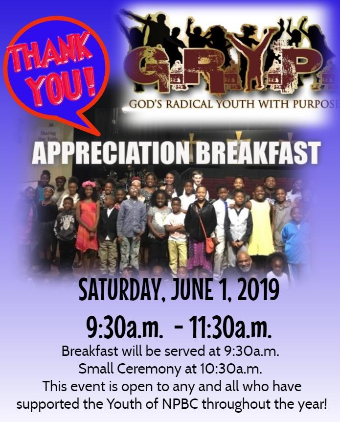 G.R.Y.P. Thank You Appreciation Breakfast on Saturday June 1st 930 a.m. - 1130 a.m.