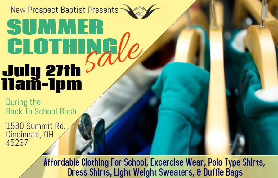 Summer Clothing Sale at New Prospect on Saturday July 27th 11 a.m. to 1 p.m.