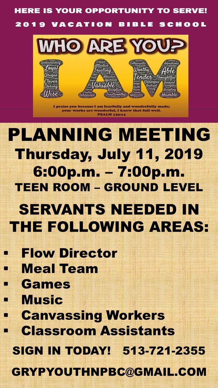 New Prospect Vacation Bible School Planning Meeting on Thursday July 11 2019 6 to 7 pm