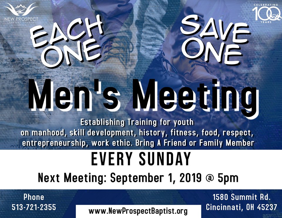 Each One Save One Men's Meeting on Sunday September 1st at 5 p.m. at New Prospect Baptist Church