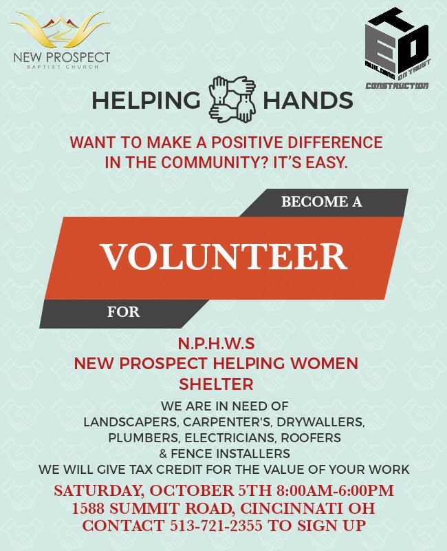 Volunteer to New Prospect's Women Shelter on Saturday October 5th 8 a.m. to 5 p.m.