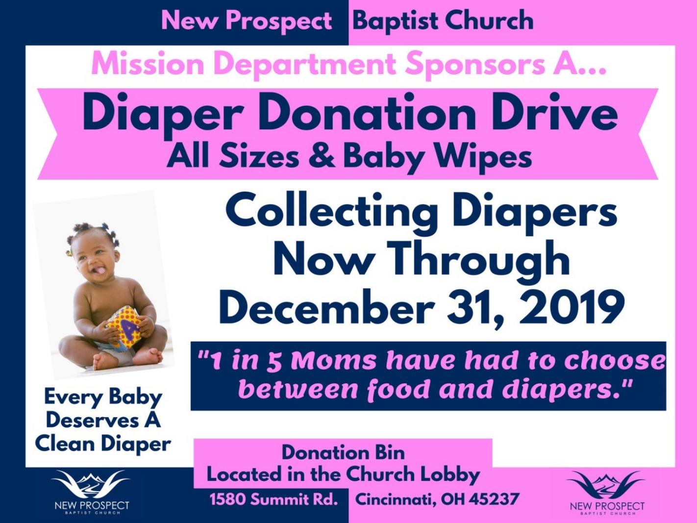 Diaper Donation Drive at New Prospect through Tuesday, December 31st.