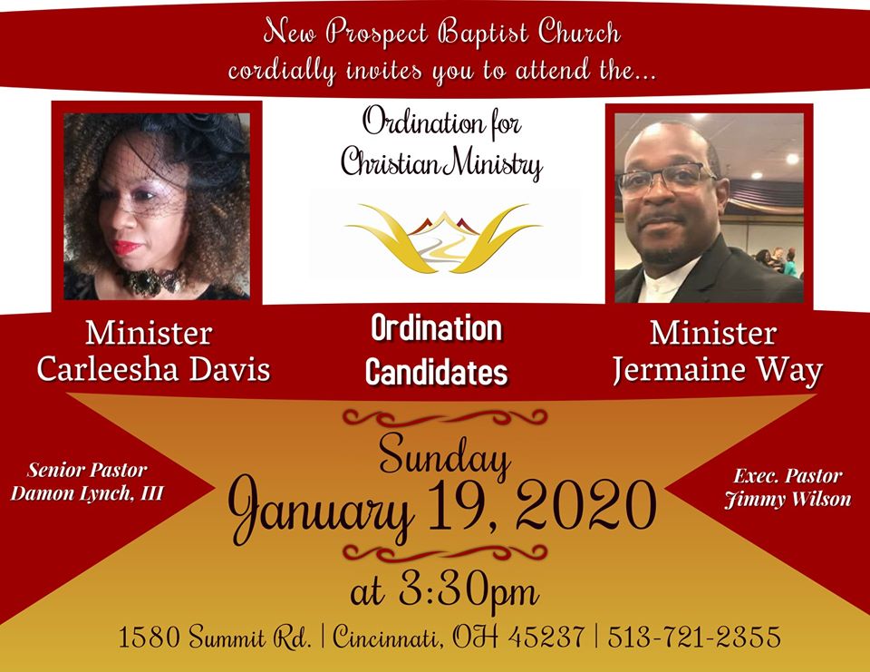 Join us for the Ordination of Minister Carleesha Davis and Minister Jermaine Way on Saturday, January 19th at 3:30 p.m.