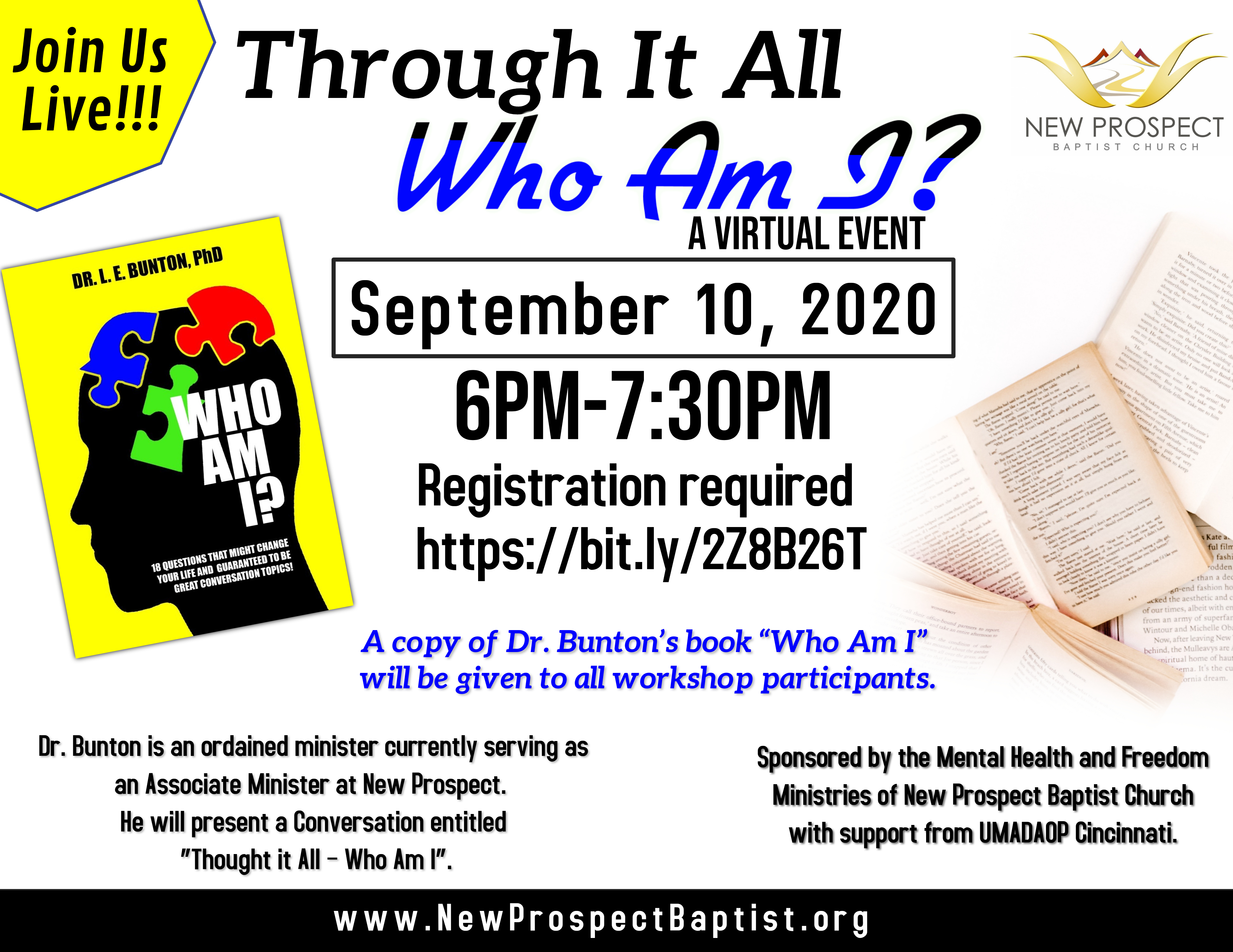 Through It All Who Am I Virtual Online present by New Prospect's Mental Health and Freedom Ministries on Thursday September 10th 6 - 7:30 p.m.