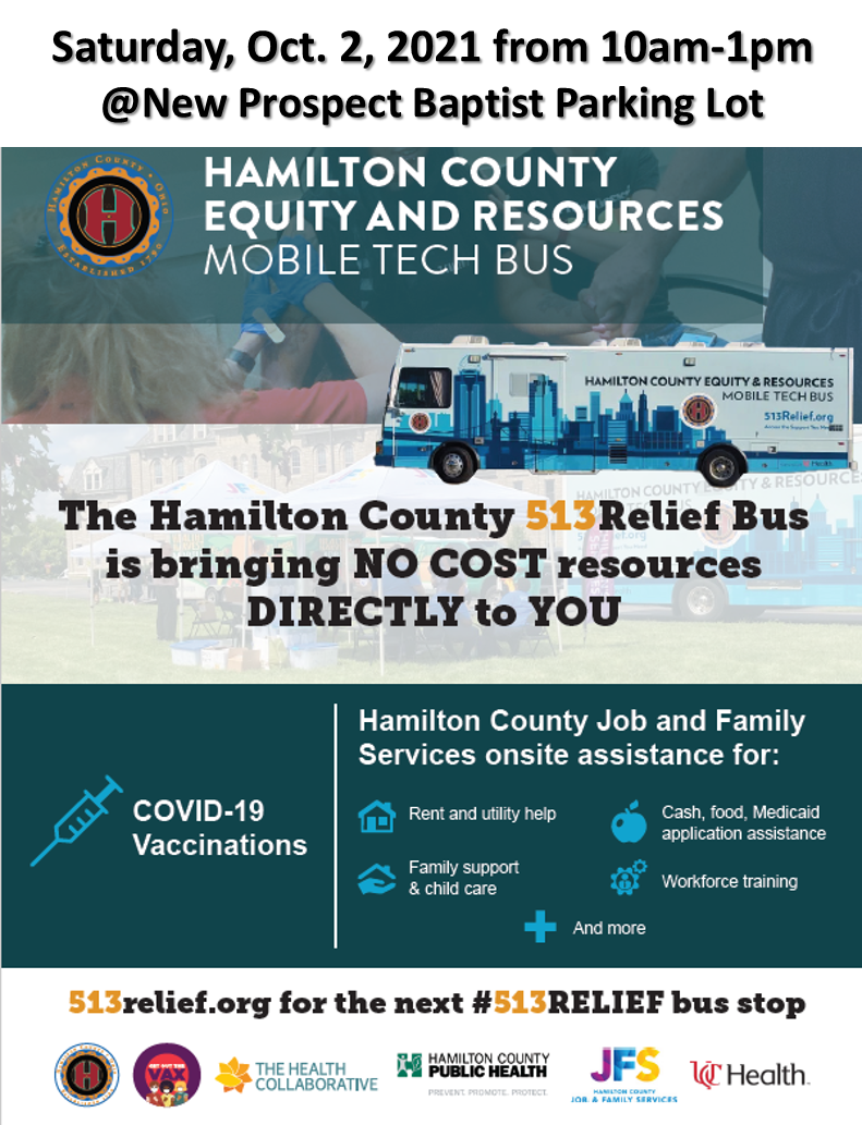 Hamilton County 513Relief Bus at New Prospect Baptist on Saturday October 2nd 10 a.m. - 1 p.m.
