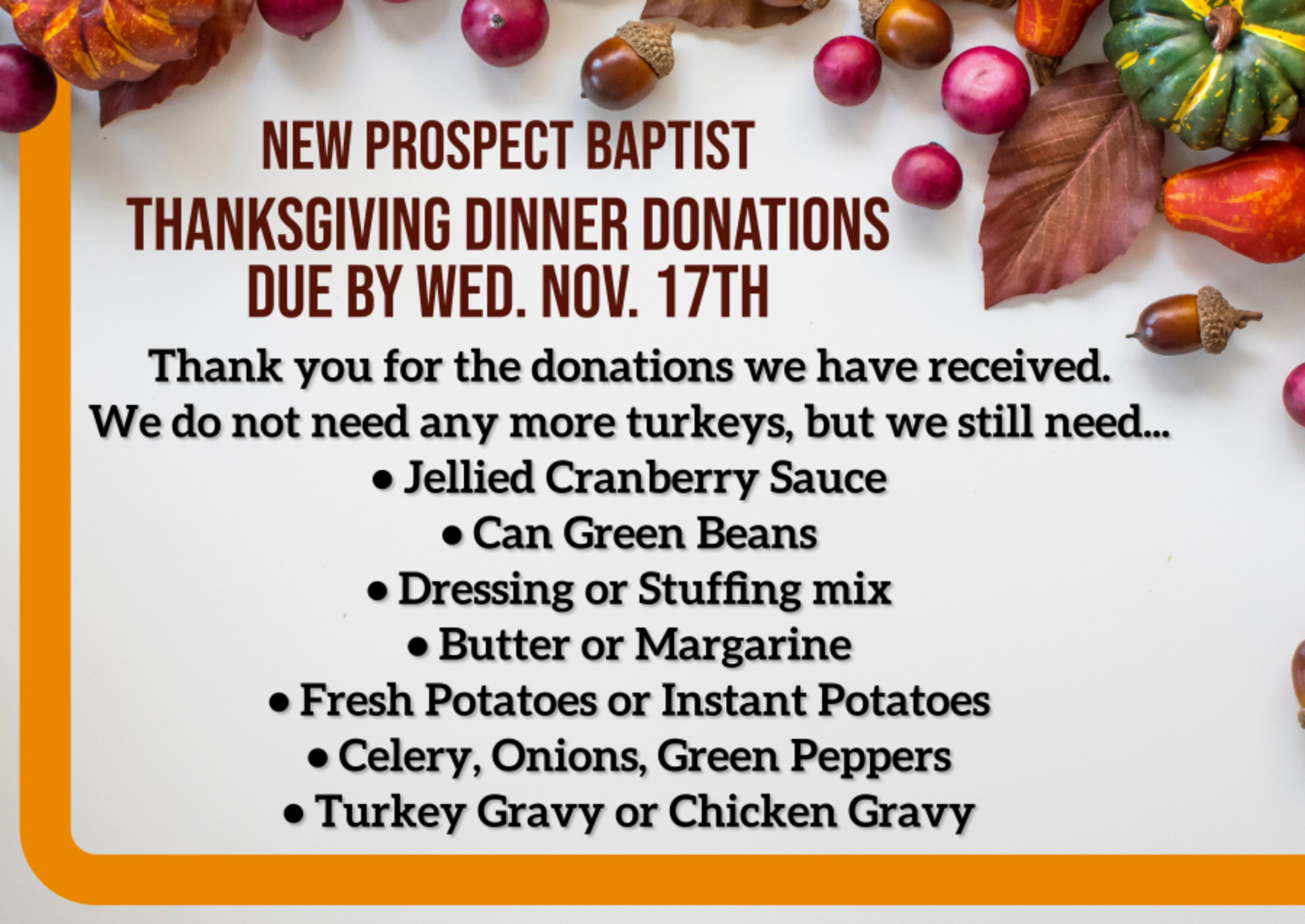 Food donations need for New Prospect Thanksgiving Day Dinner