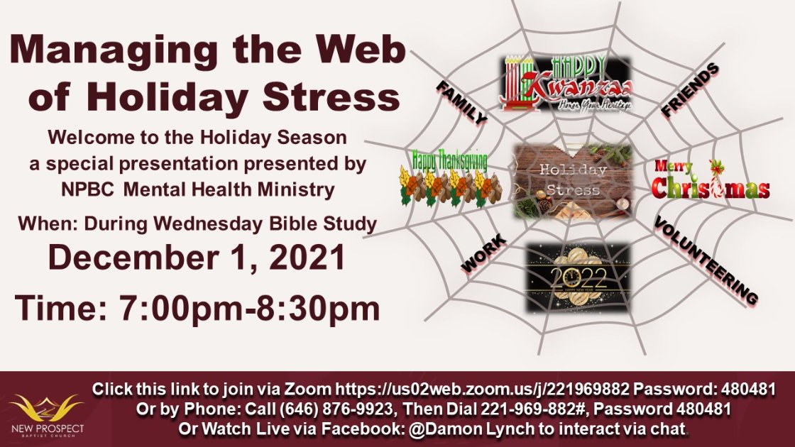 New Prospect Mental Health Ministry presents Managing the Web of Holiday Stress on Wednesday December 1st 7 p.m.