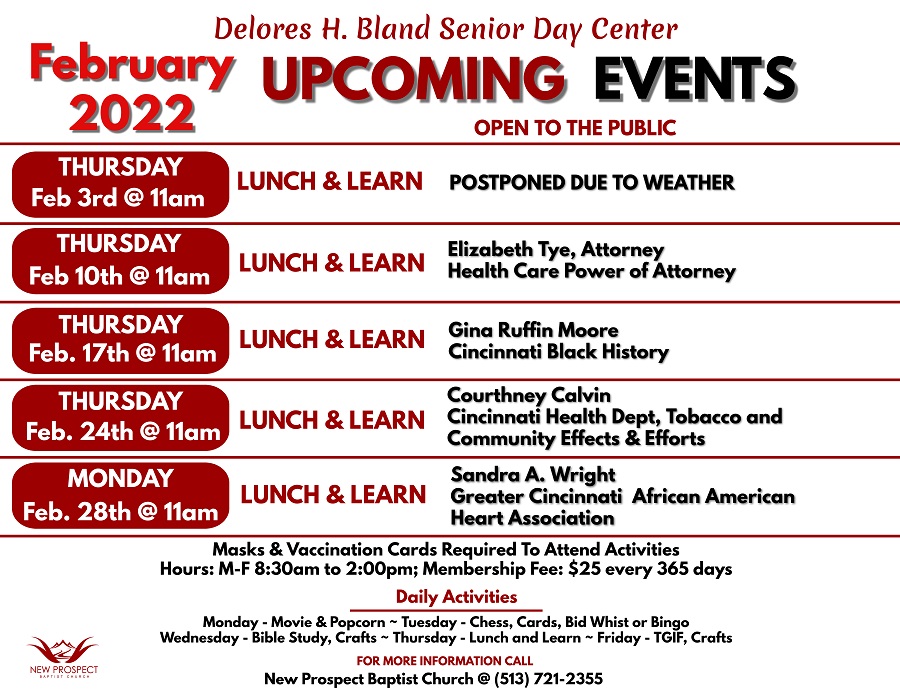 Lunch & Learn at Delores H. Bland Senior Day Center on Thursday February 10th at 11 a.m.