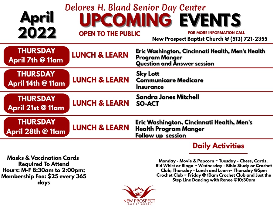 Lunch & Learn at Delores H. Bland Senior Day Center on Thursday April 14th at 11 a.m.