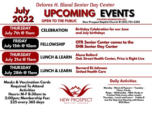 Lunch & Learn at Delores H. Bland Senior Day Center on Thursday July 28th at 11 a.m.