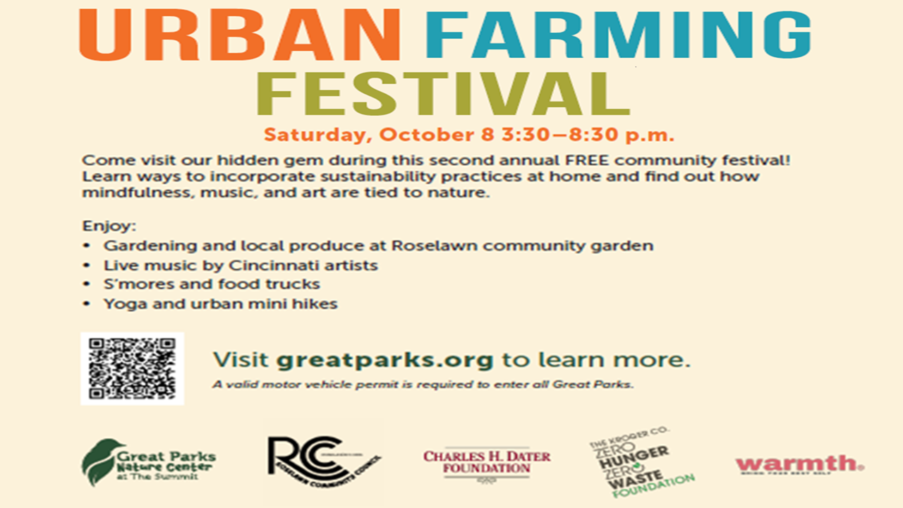 Great Parks Urban Farming Festival on Saturday, October 8th, 3:30 p.m. at 1580 Summit Road