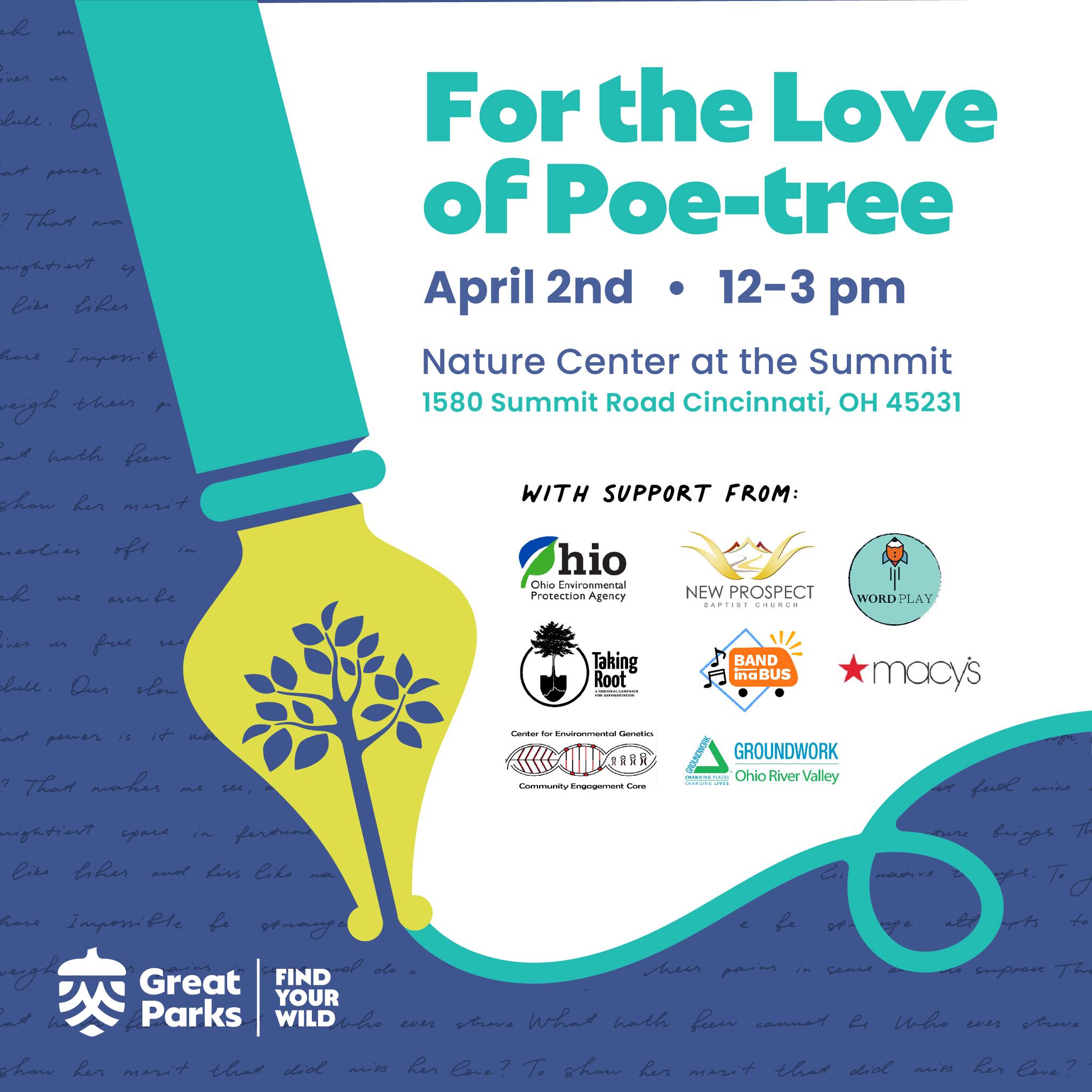 For the Love of Poe-Tree at the Nature Center at the Summit on Sunday April 2nd from 12 p.m. to 3 p.m.
