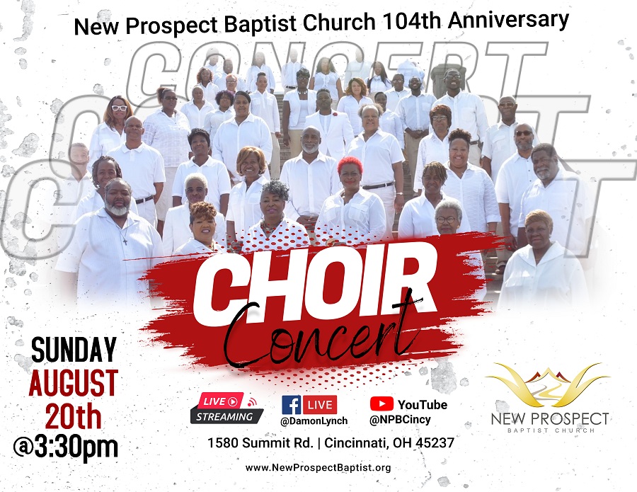 New Prospect's 104th Anniversary Choir Concert on Sunday, August 20th, 3:30 p.m. at 1580 Summit Road