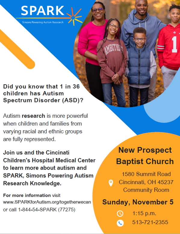 SPARK Info Event at New Prospect Baptist Church 1580 Summit Road Cincinnati, Ohio 45237 on Sunday, November 5th, 1:15 p.m.