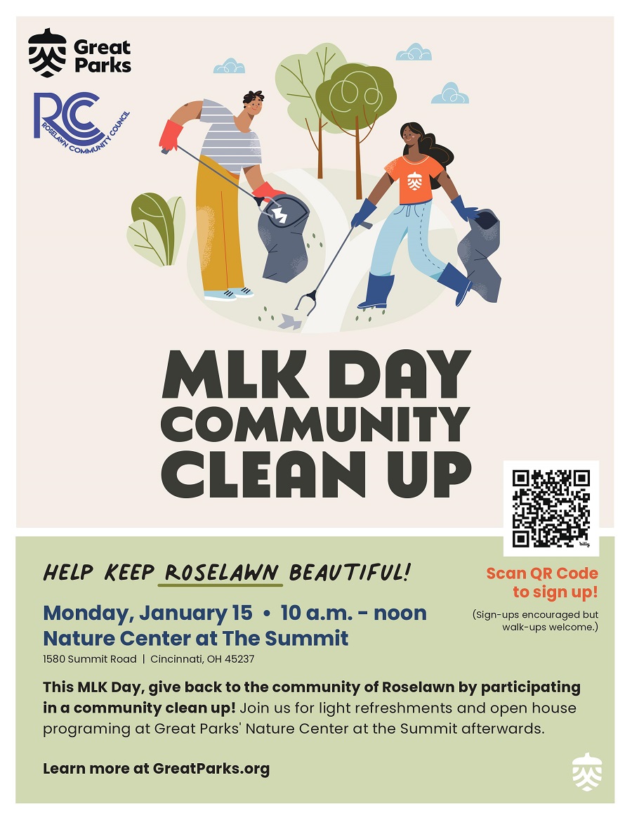 MLK Community Clean Up at the Nature Center at the Summit (1580 Summit Road) on Monday, January 15th, 10 a.m. till 12 p.m.