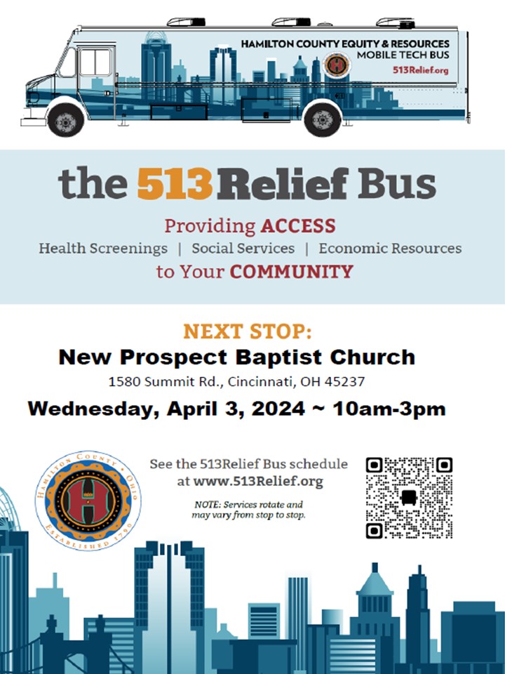 The 513ReliefBus at 1580 Summit Road on Wednesday, April 3rd, 10 a.m. to 3 p.m.