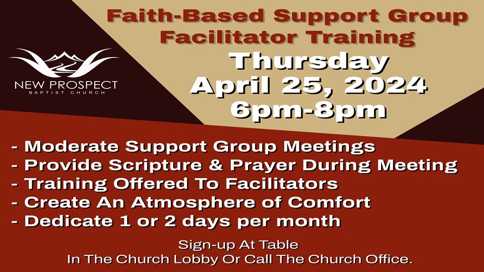 Faith-based support group facilitator training on Thursday, April 25th, 2024 6 p.m. to 8 p.m. at 1580 Summit Road