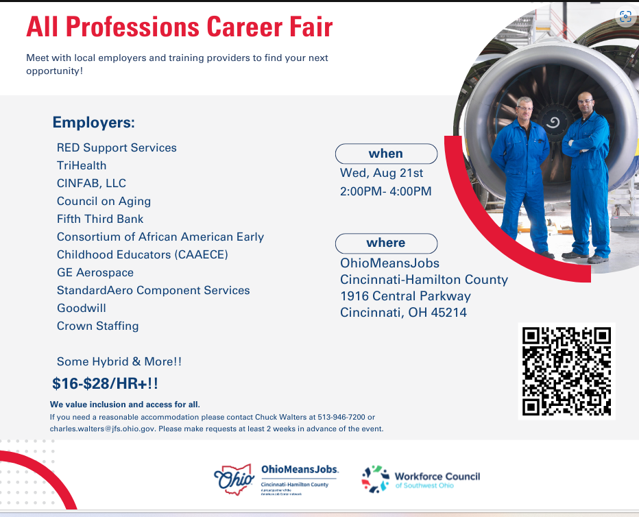 All Professions Career Fair on Wednesday, August 21st 2 p.m. to 4 p.m. at 1916 Central Parkway Cincinnati. OH 45214