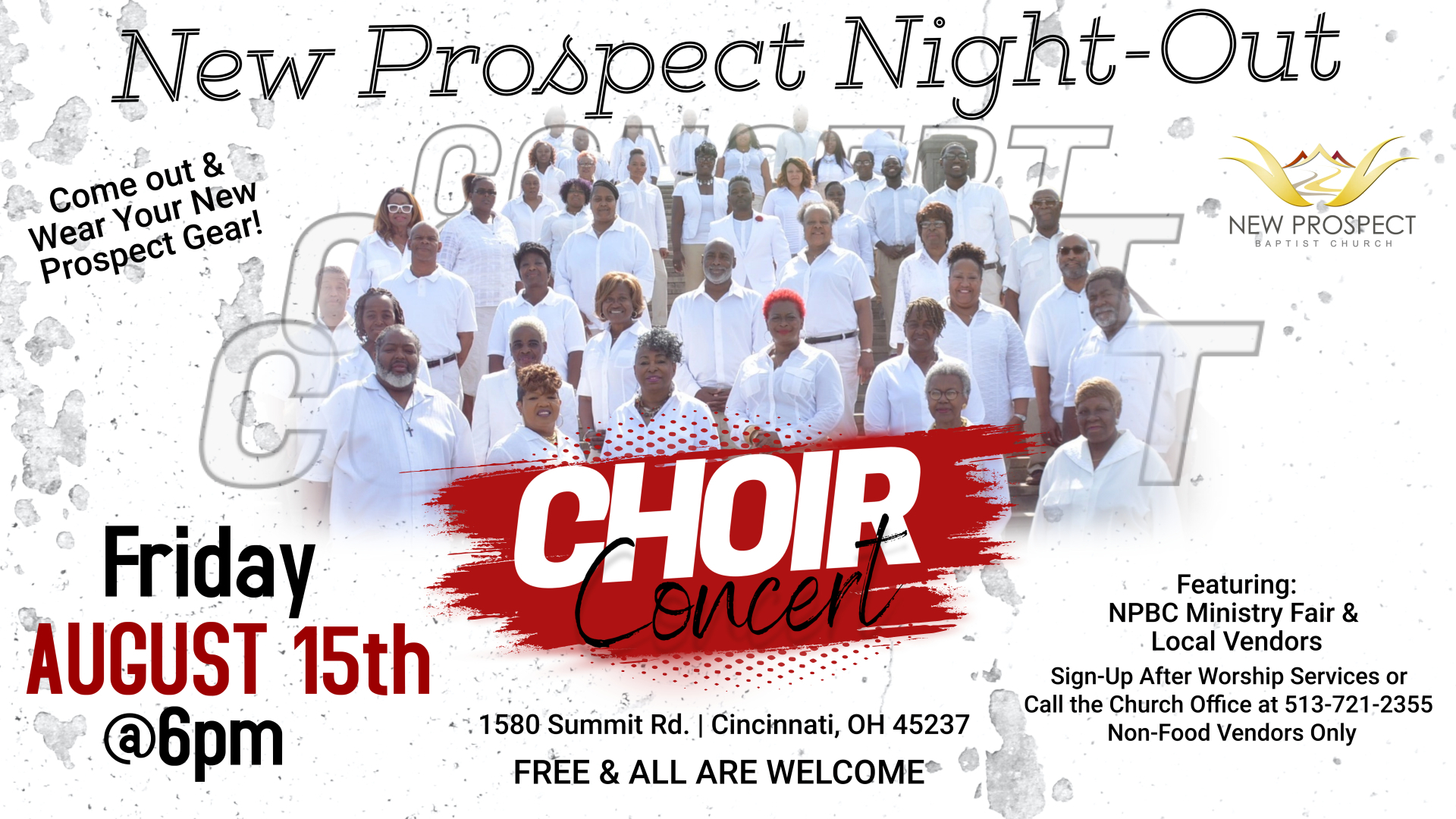 New Prospect Night Out Choir Concert at 1580 Summit Road on Friday, August 15th at 6 p.m.